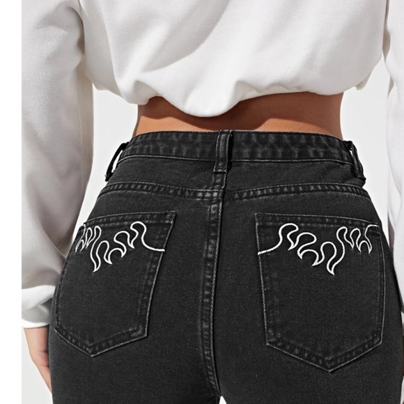 *Shein Black Fire Embroidery High Waist Straight Jeans - Picture 2 of 7